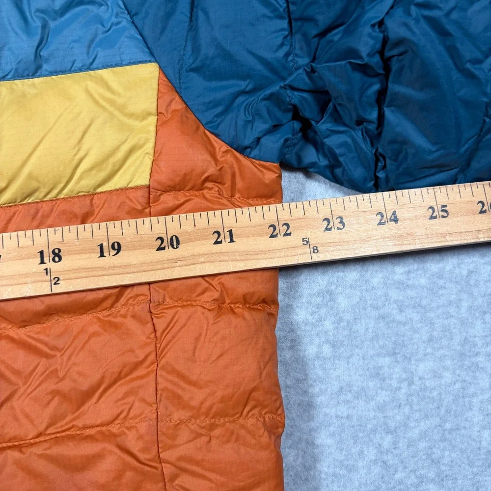 Cotopaxi Fuego Hooded Down Jacket Men Large Blue Orange Yellow Puffer Coat